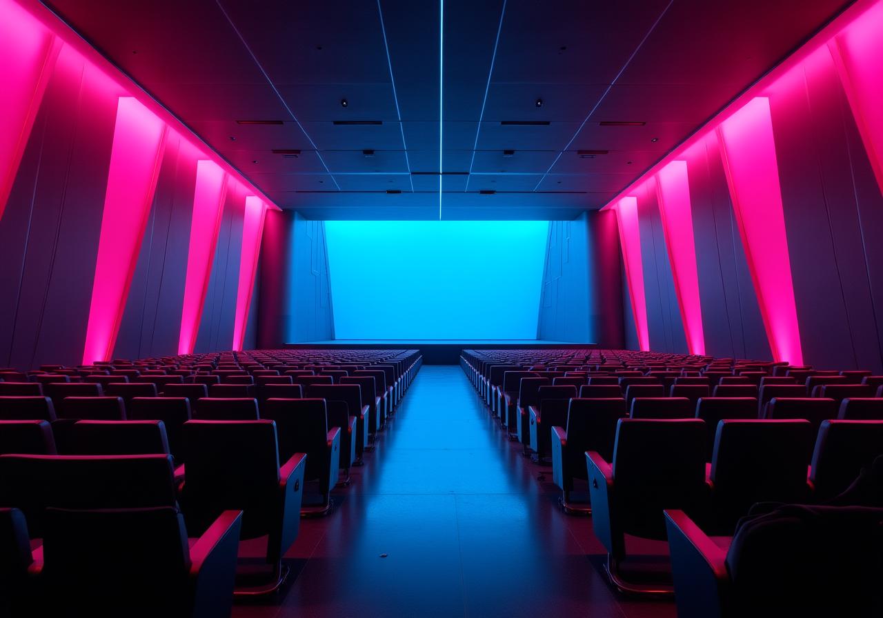 Auditorio inmersivo con iluminación magenta y neón
